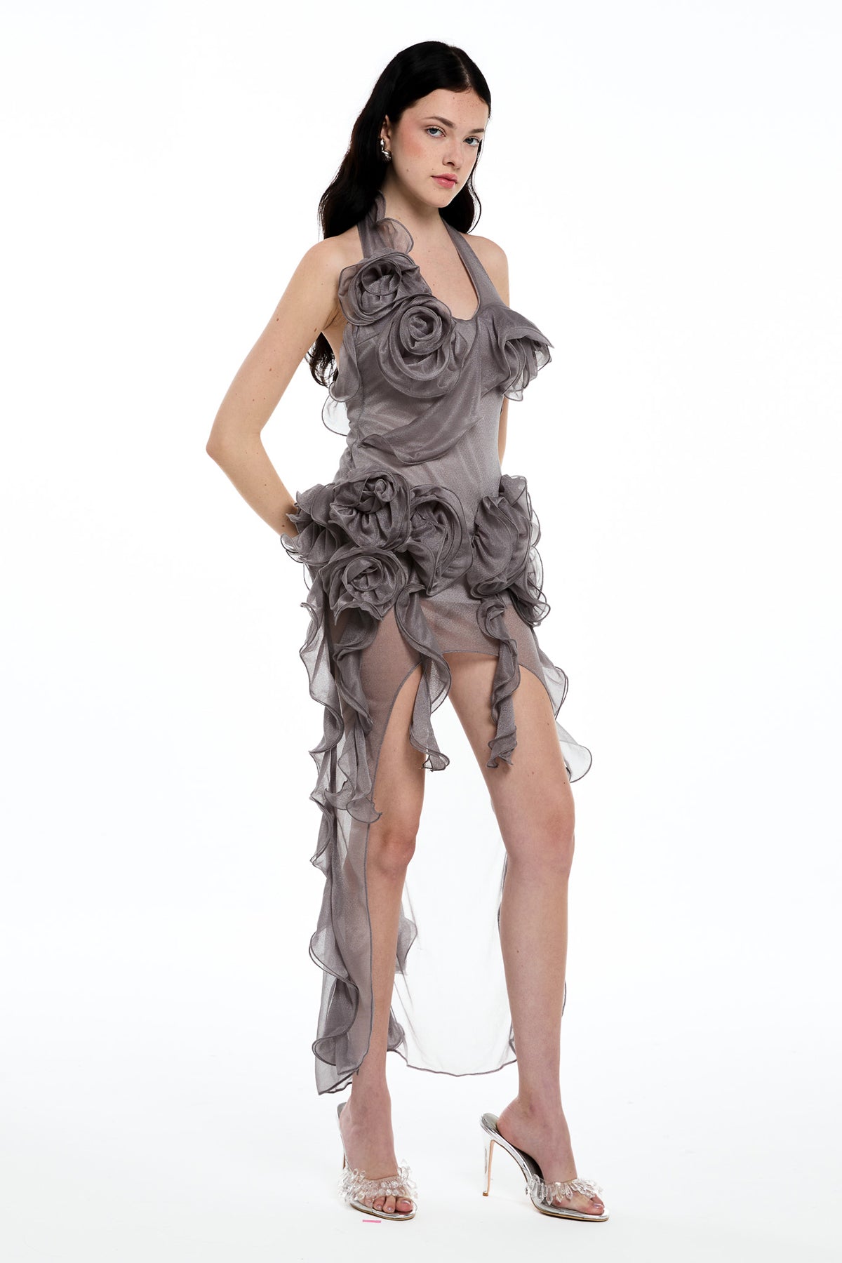 Damir Flower Backless Mesh Mini Dress in Grey