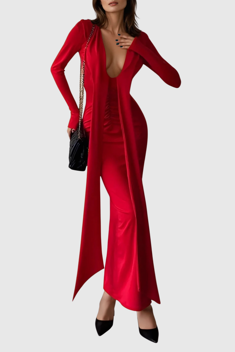 Dand Plunge Fringe Maxi Dress in Red