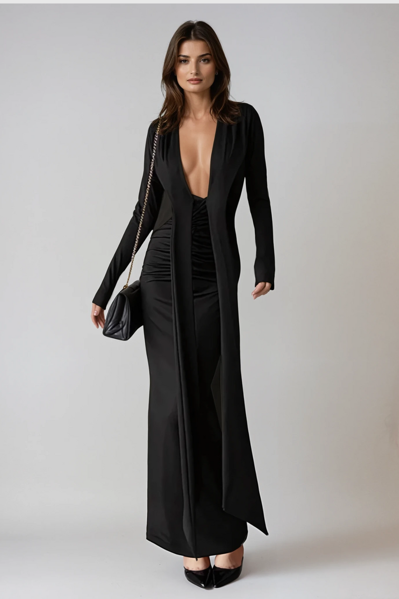 Dand Plunge Fringe Maxi Dress in Black
