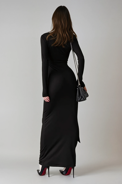 Dand Plunge Fringe Maxi Dress in Black