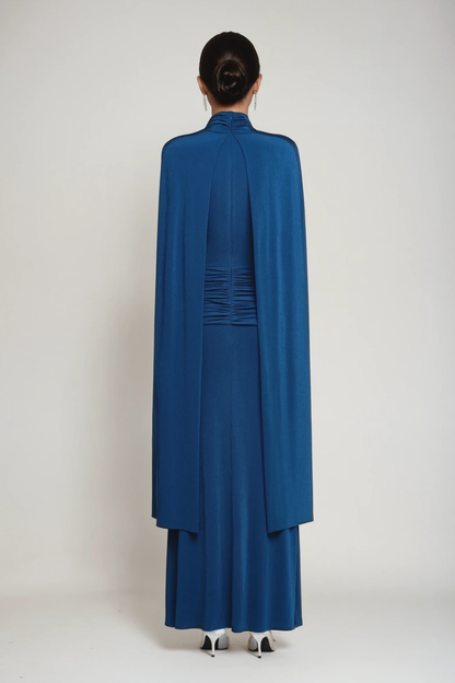 Danielius Bodycon Ruch Shawl Maxi Dress in Blue