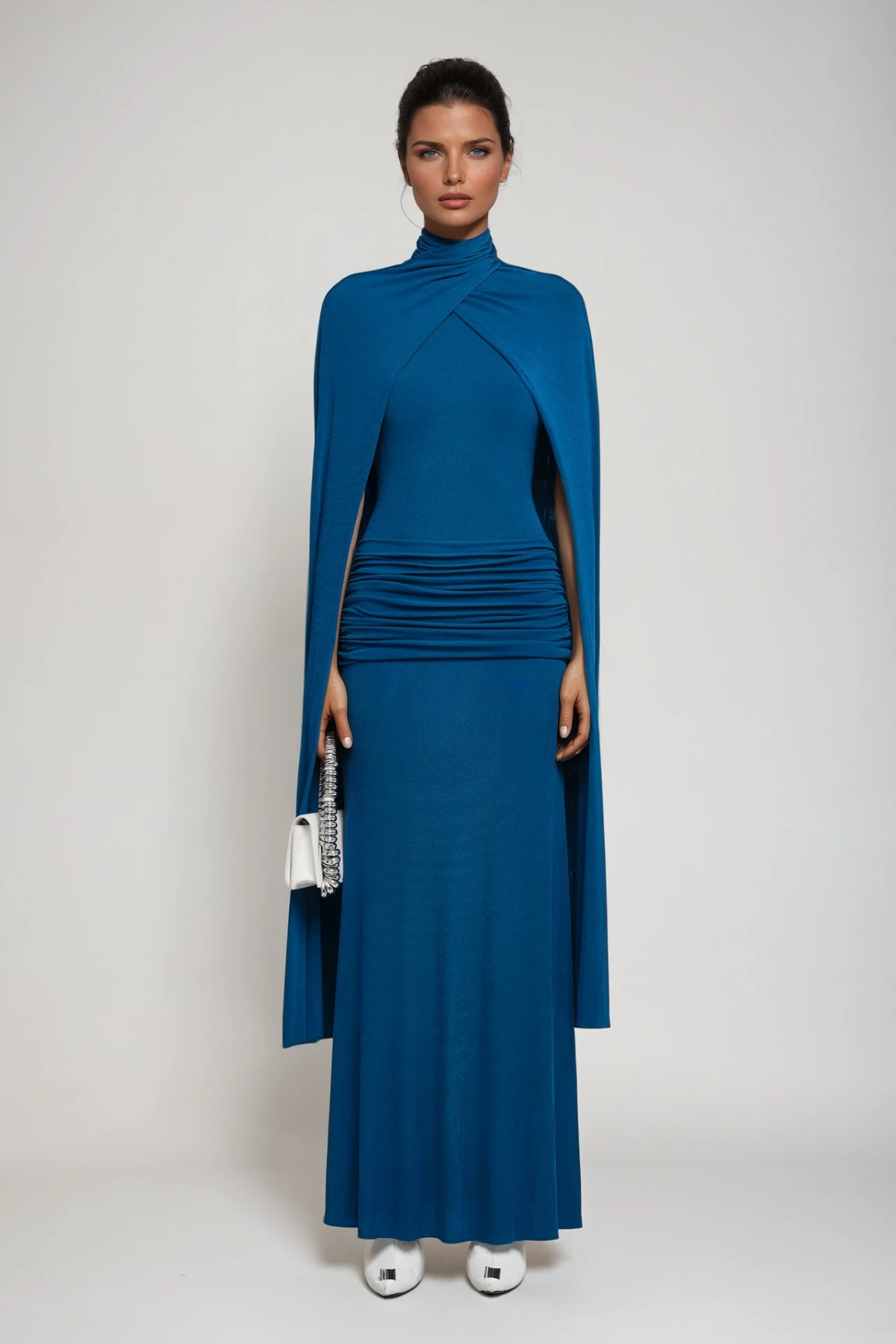 Danielius Bodycon Ruch Shawl Maxi Dress in Blue
