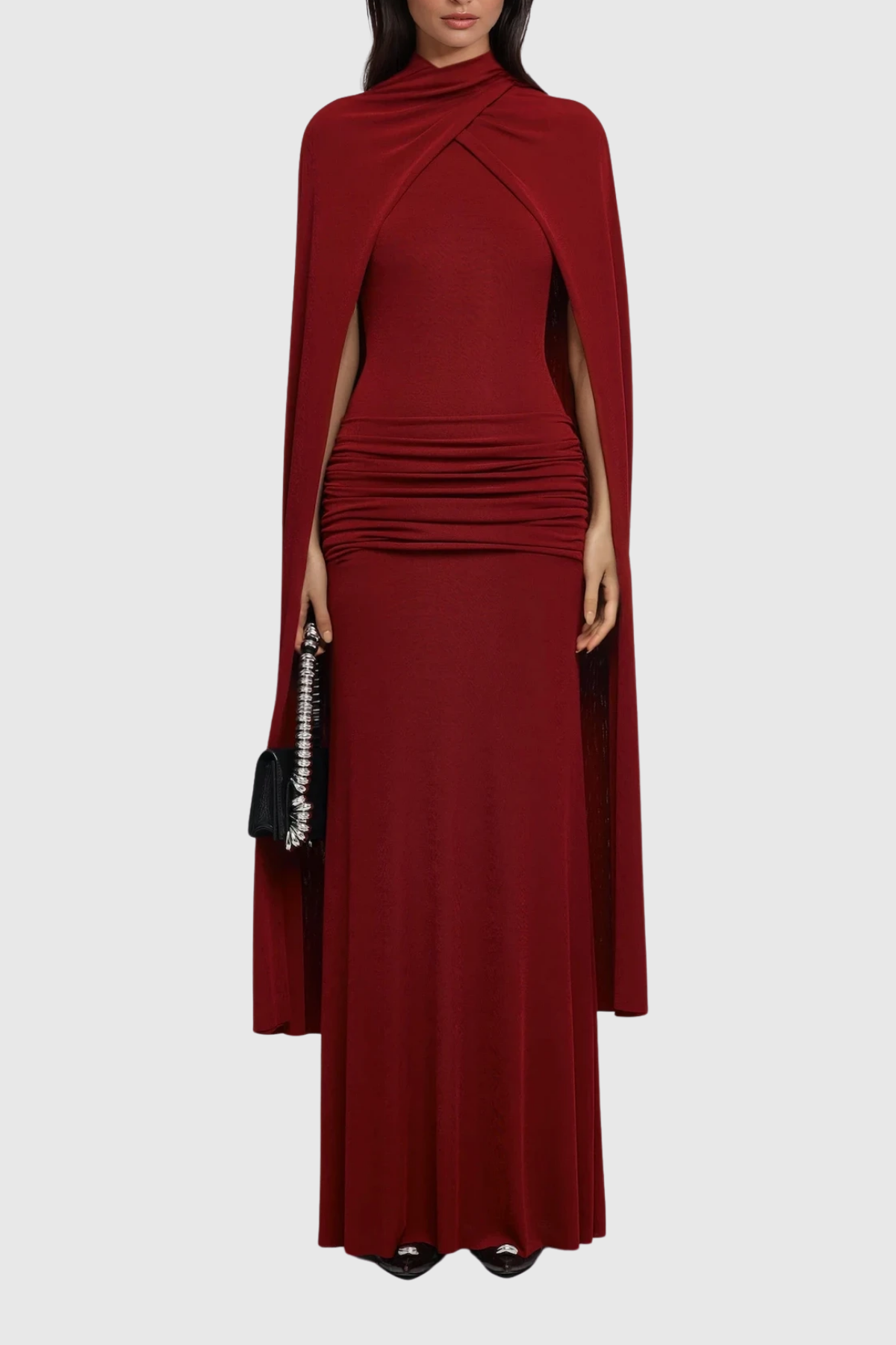Danielius Bodycon Ruch Shawl Maxi Dress in Red