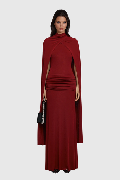 Danielius Bodycon Ruch Shawl Maxi Dress in Red