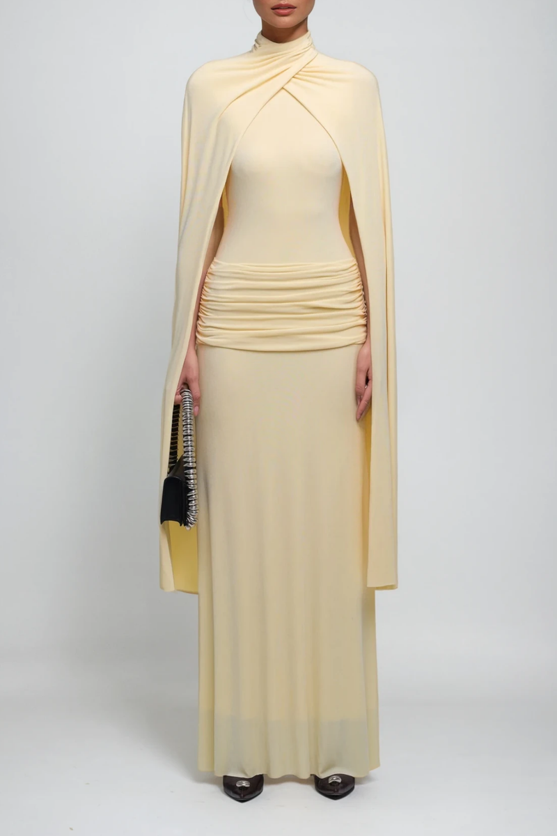 Danielius Bodycon Ruch Shawl Maxi Dress in Butter Yellow