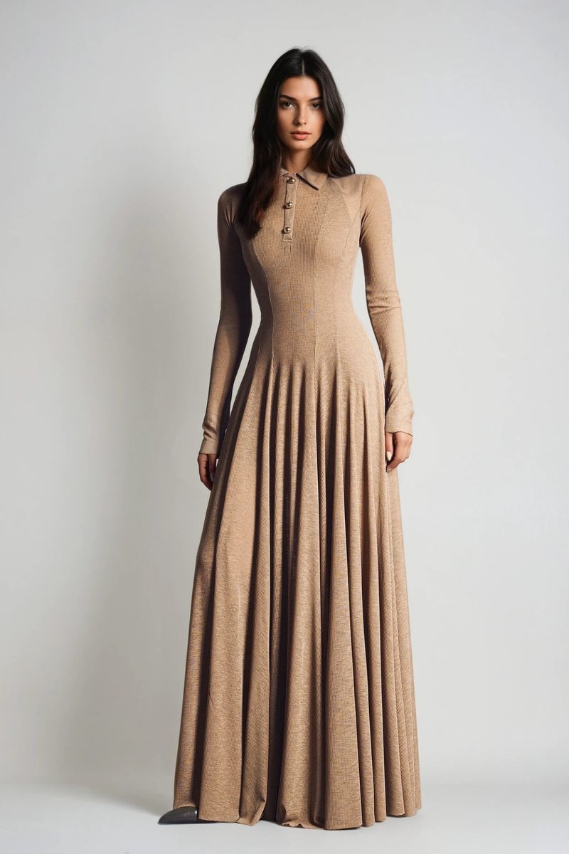 Dany Long Sleeve Ruffle Knit Maxi Dress in Khaki