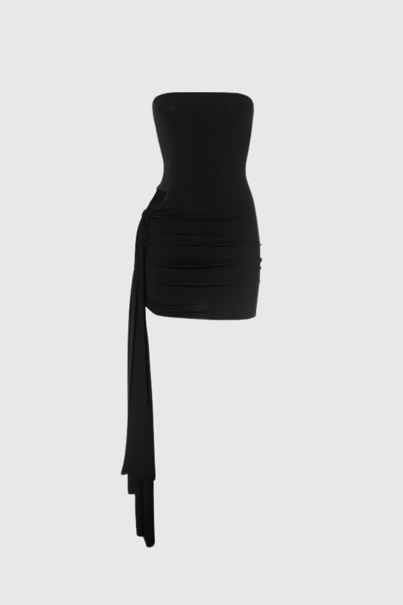 Darian Strapless Cutout Fringe Mini Dress in Black