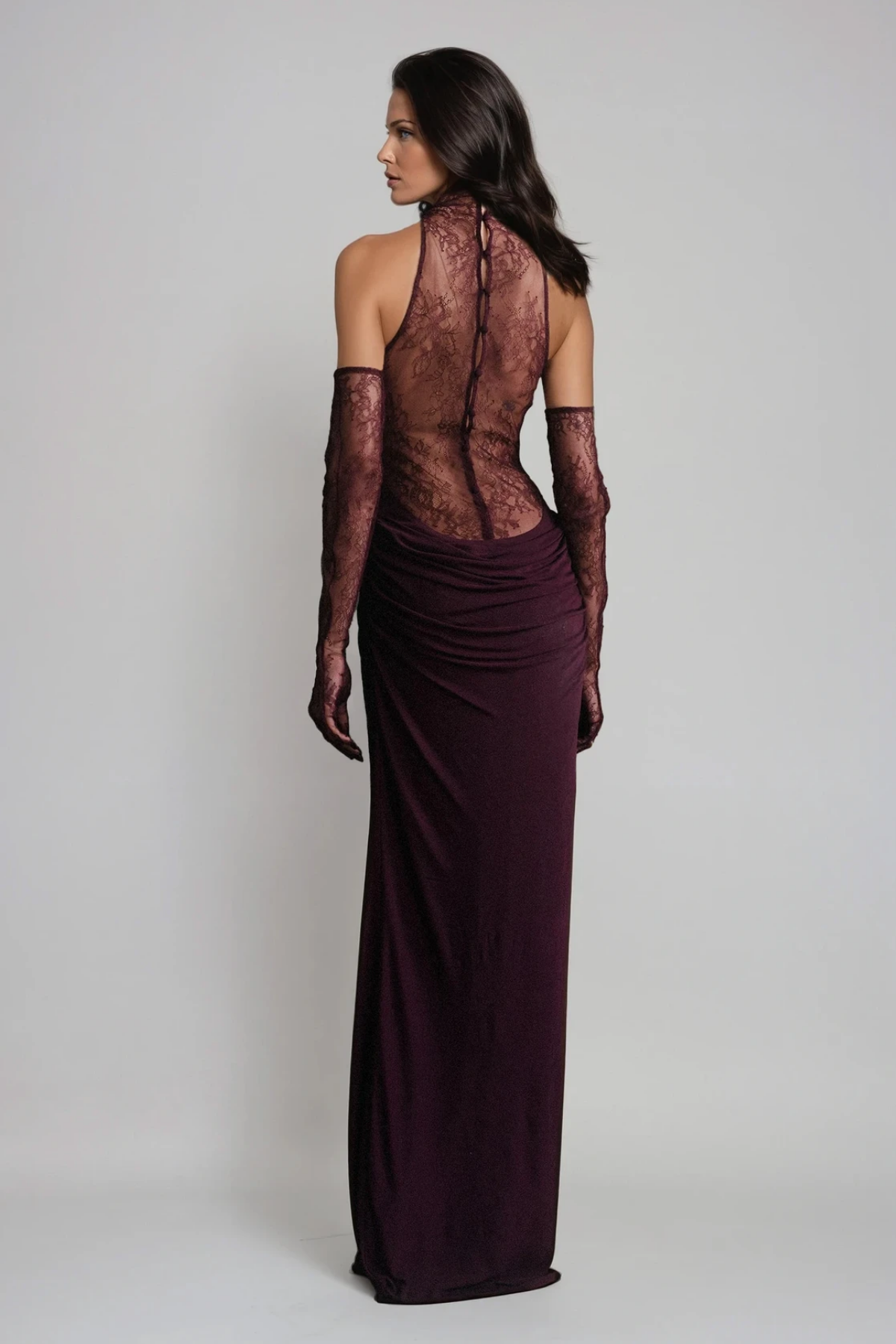 Darleen Cowl Neck Ruch Lace Maxi Dress in Red