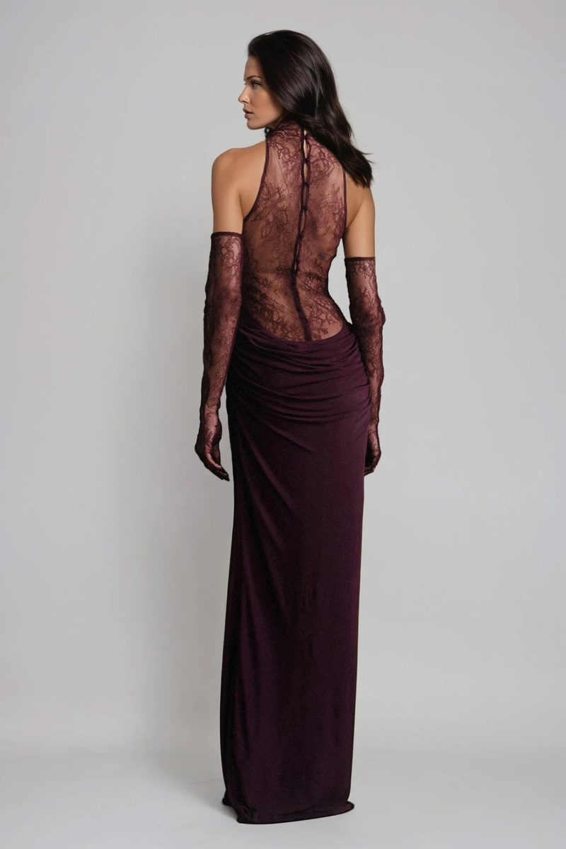 Darleen Cowl Neck Ruch Lace Maxi Dress in Red