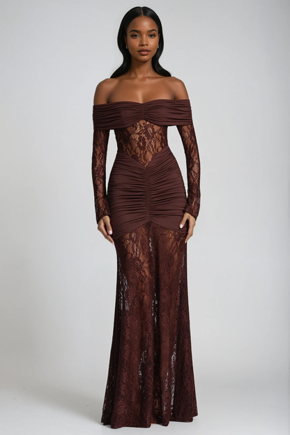 Darlene Strapless Ruch Lace Maxi Dress