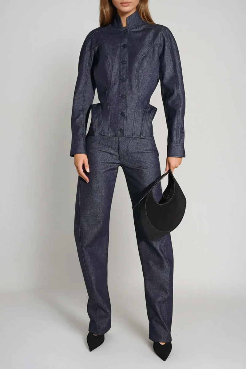 Darya Denim Pants Set in Deep Blue