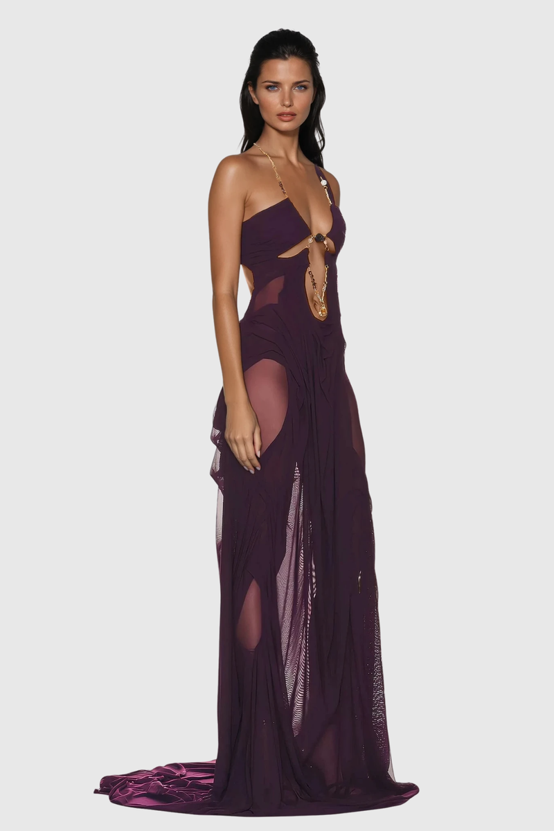 Davis Plunge Chain Asymmetric Maxi Dress in Deep Purple