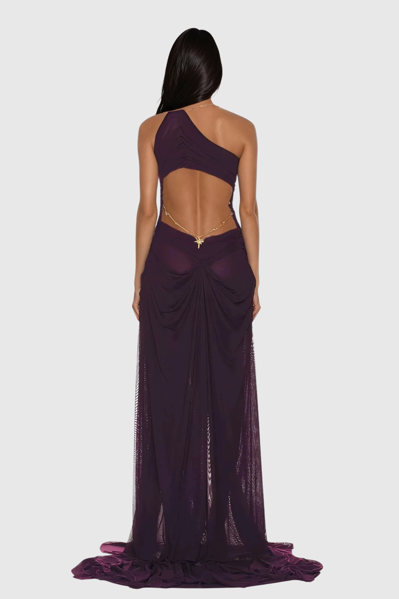 Davis Plunge Chain Asymmetric Maxi Dress in Deep Purple