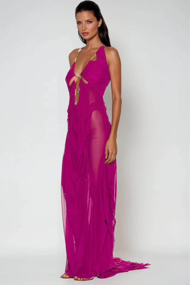 Davis Plunge Chain Asymmetric Maxi Dress in Purple