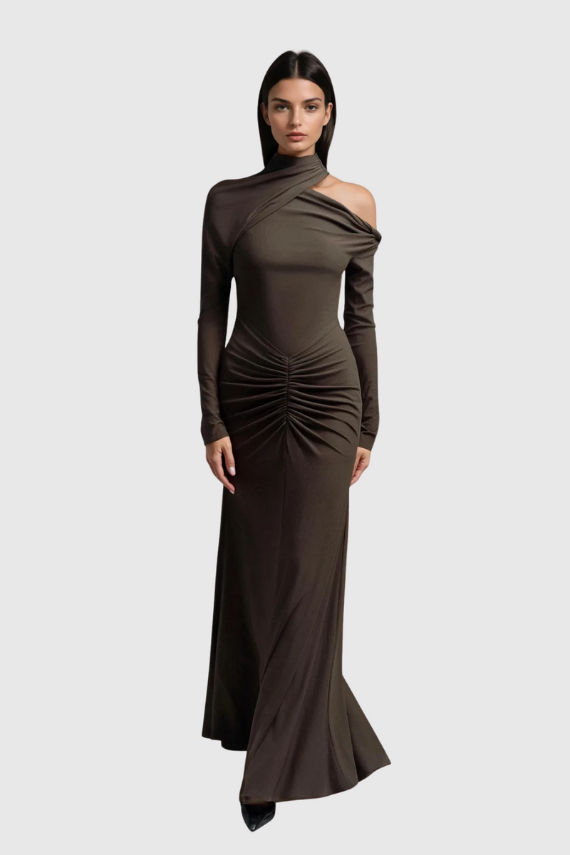 Daw Cutout Ruch Asymmetric Maxi Dress in Brown