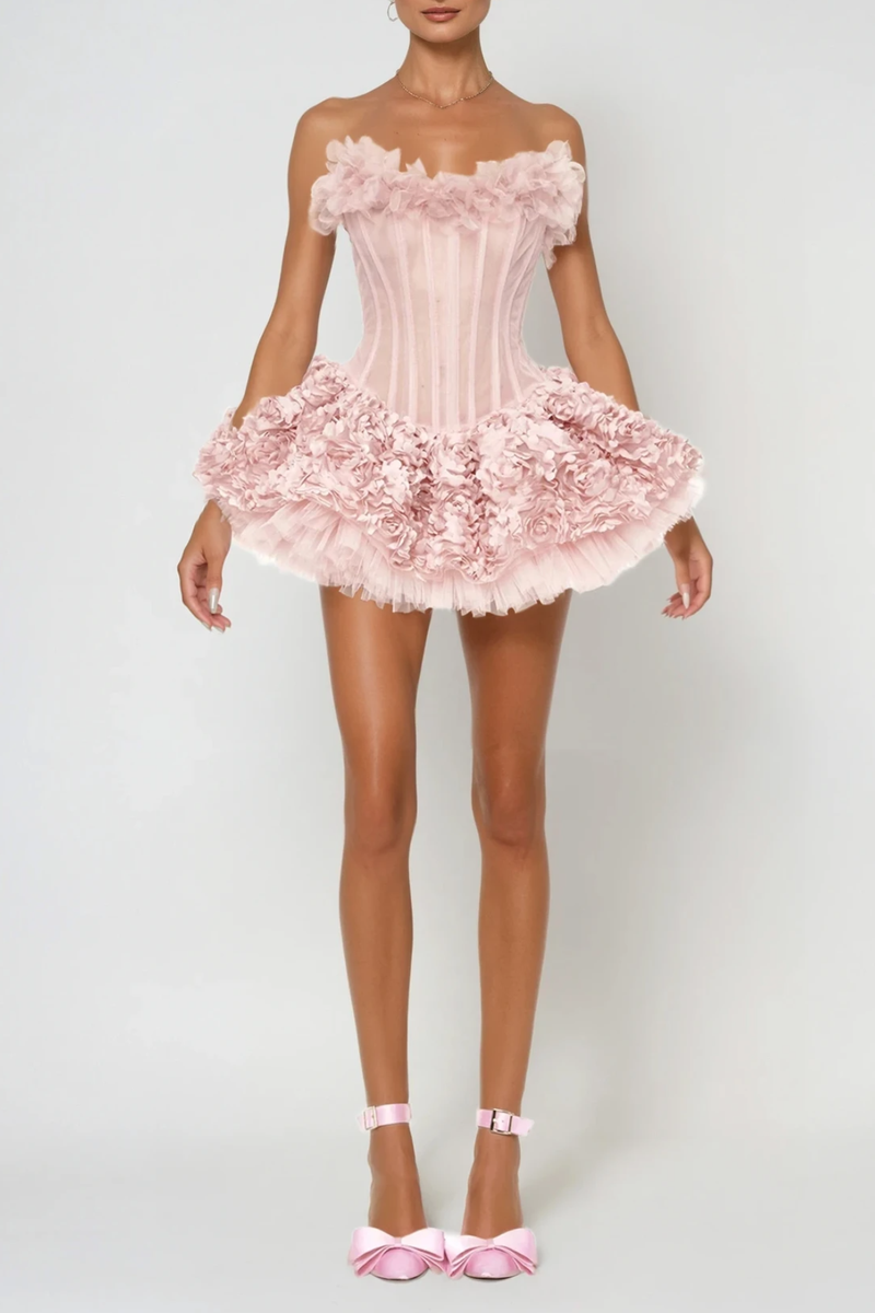 Daxton Corset Flower Puffy Mini Dress in Pink