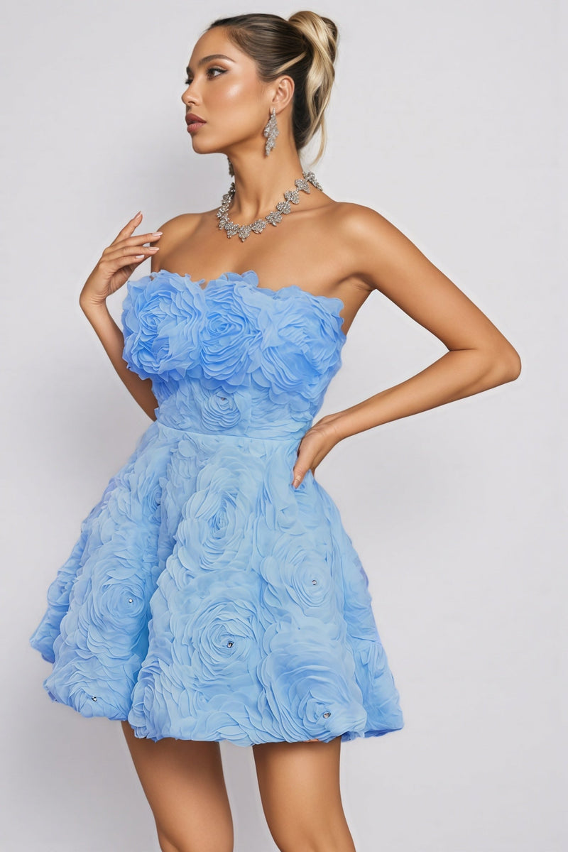 Pam Blue Strapless Flower Rhinestone Mini Dress