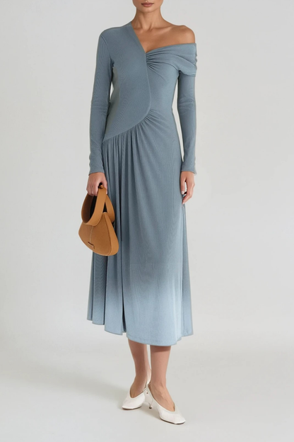 Deangelo One Shoulder Asymmetric Ruch Maxi Dress in Blue
