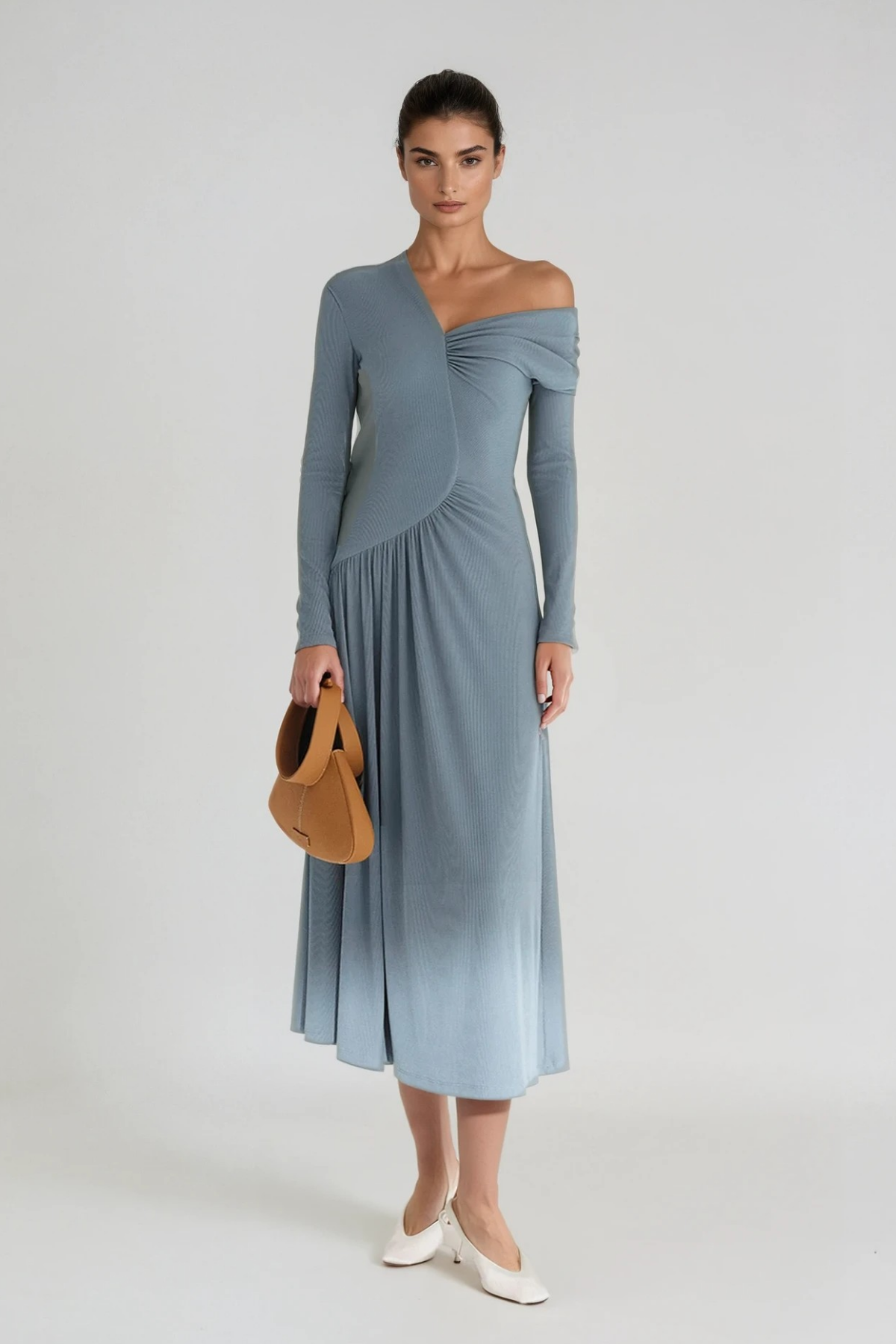 Deangelo One Shoulder Asymmetric Ruch Maxi Dress in Blue
