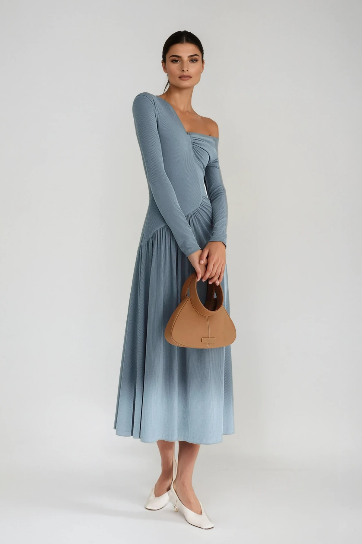 Deangelo One Shoulder Asymmetric Ruch Maxi Dress in Blue