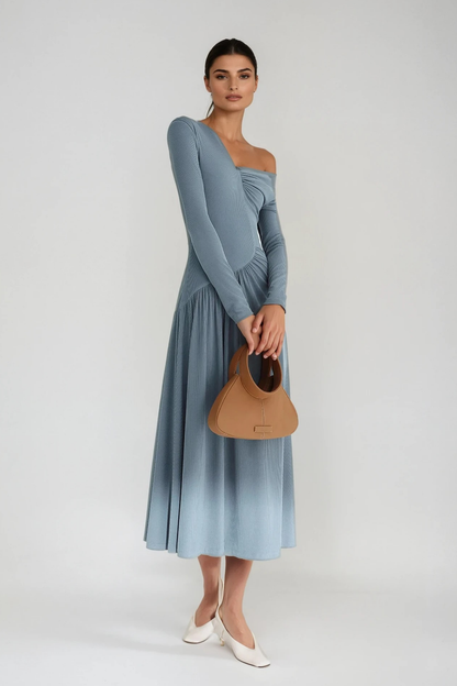 Deangelo One Shoulder Asymmetric Ruch Maxi Dress in Blue
