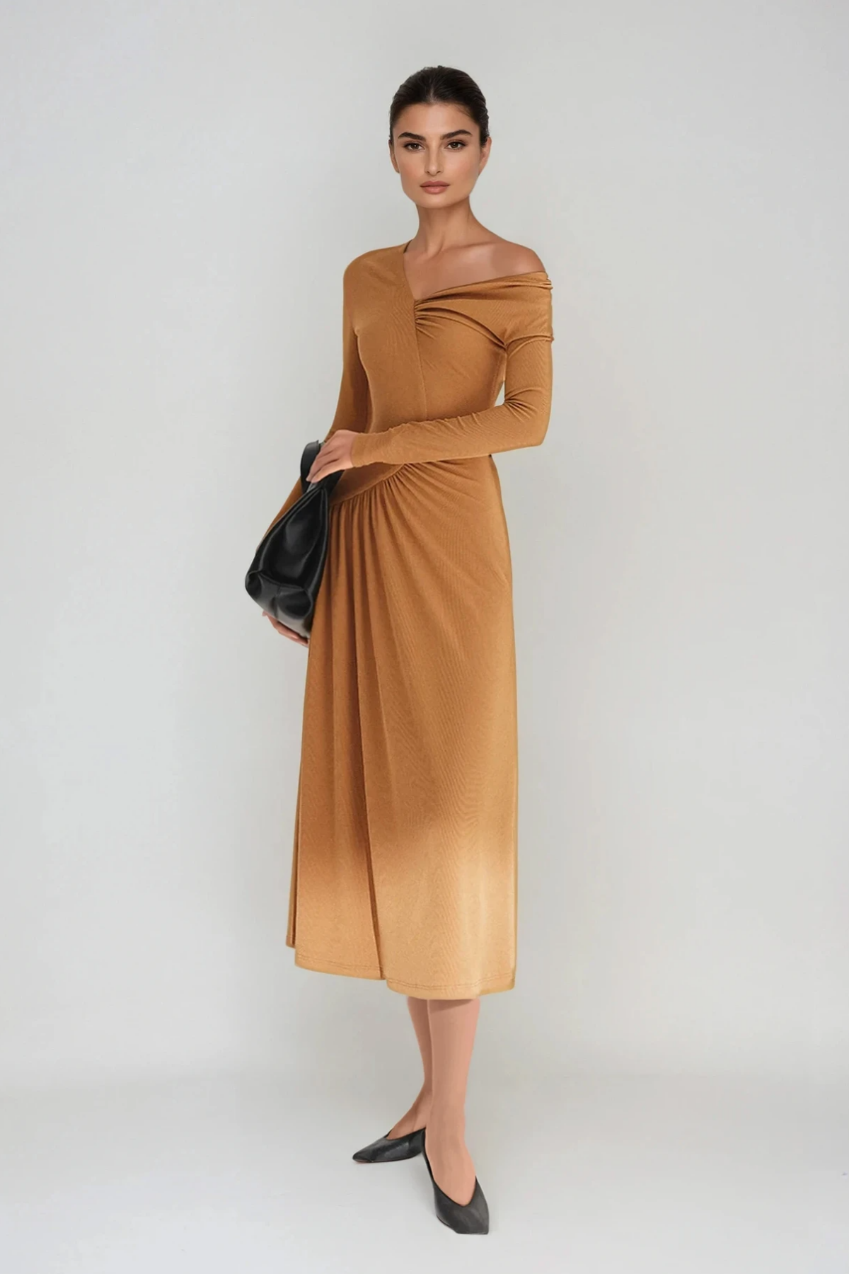 Deangelo One Shoulder Asymmetric Ruch Maxi Dress in Khaki