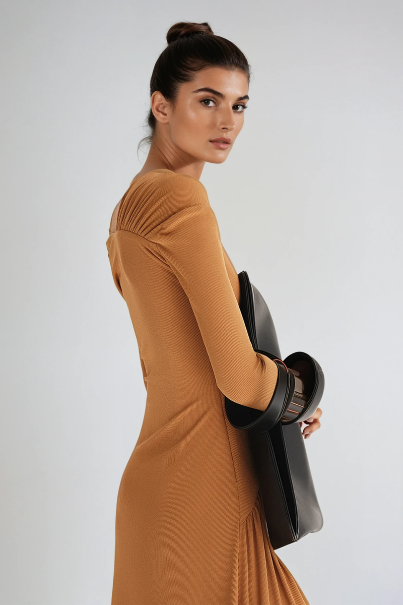 Deangelo One Shoulder Asymmetric Ruch Maxi Dress in Khaki