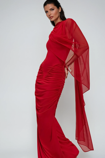 Deb Ruch Mesh Shawl Maxi Dress in Red