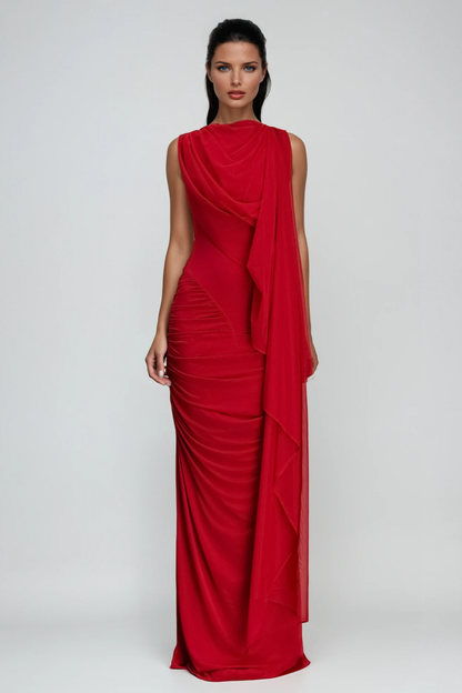 Deb Ruch Mesh Shawl Maxi Dress in Red