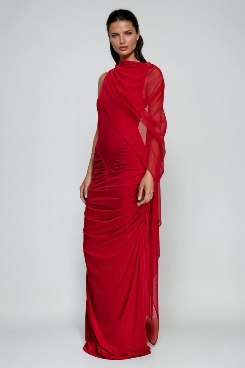 Deb Ruch Mesh Shawl Maxi Dress in Red