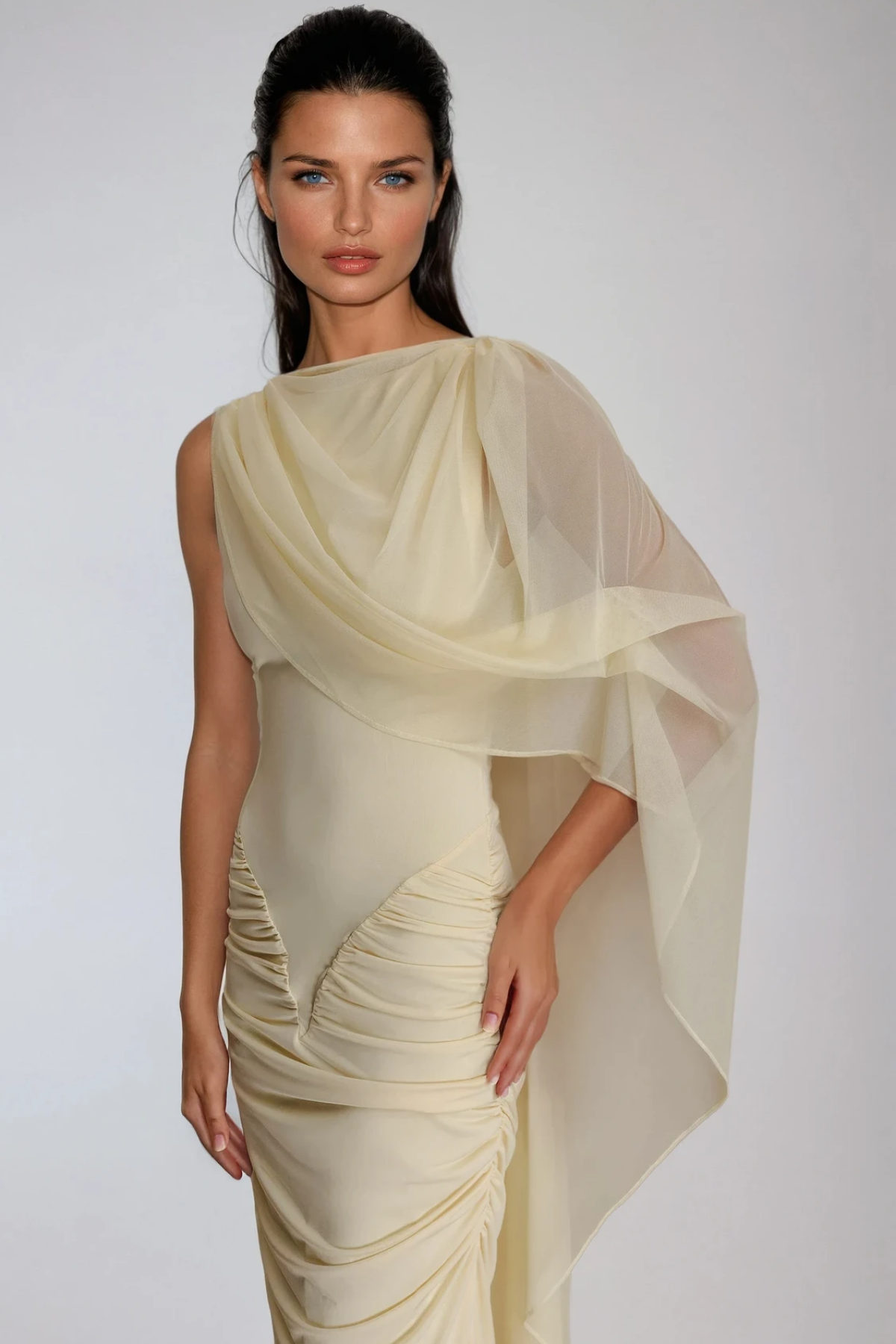Deb Ruch Mesh Shawl Maxi Dress in Yellow