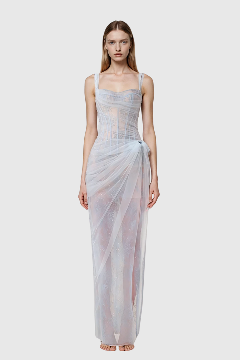 Dechen One Shoulder Corset Mesh Maxi Dress in Blue