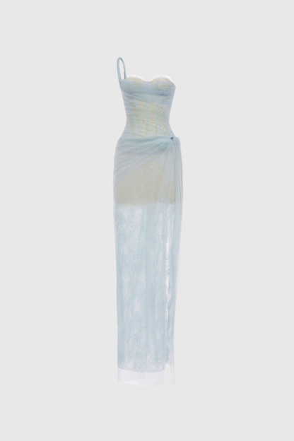 Dechen One Shoulder Corset Mesh Maxi Dress in Blue