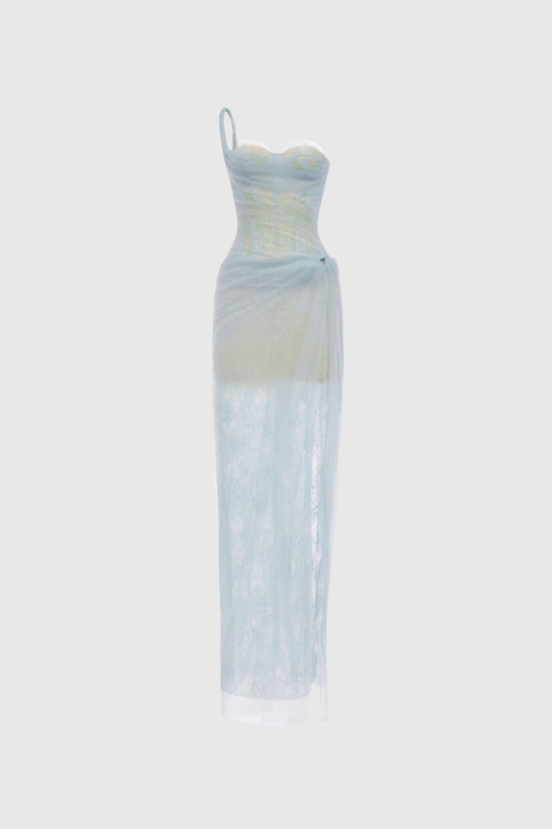 Dechen One Shoulder Corset Mesh Maxi Dress in Blue