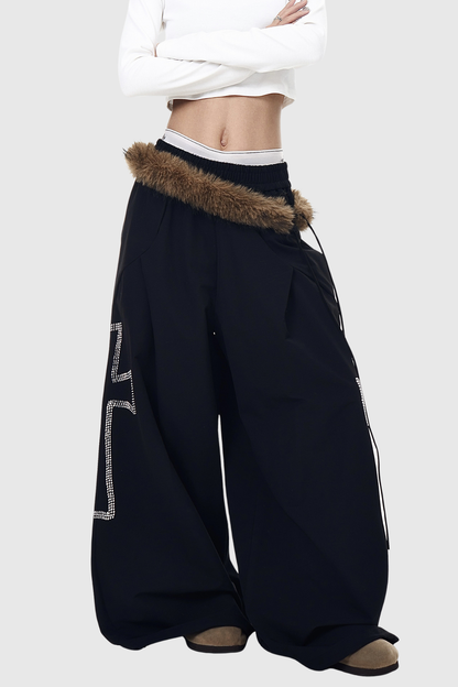 Deena Faux Fur Rhinestone Wide Leg Pants