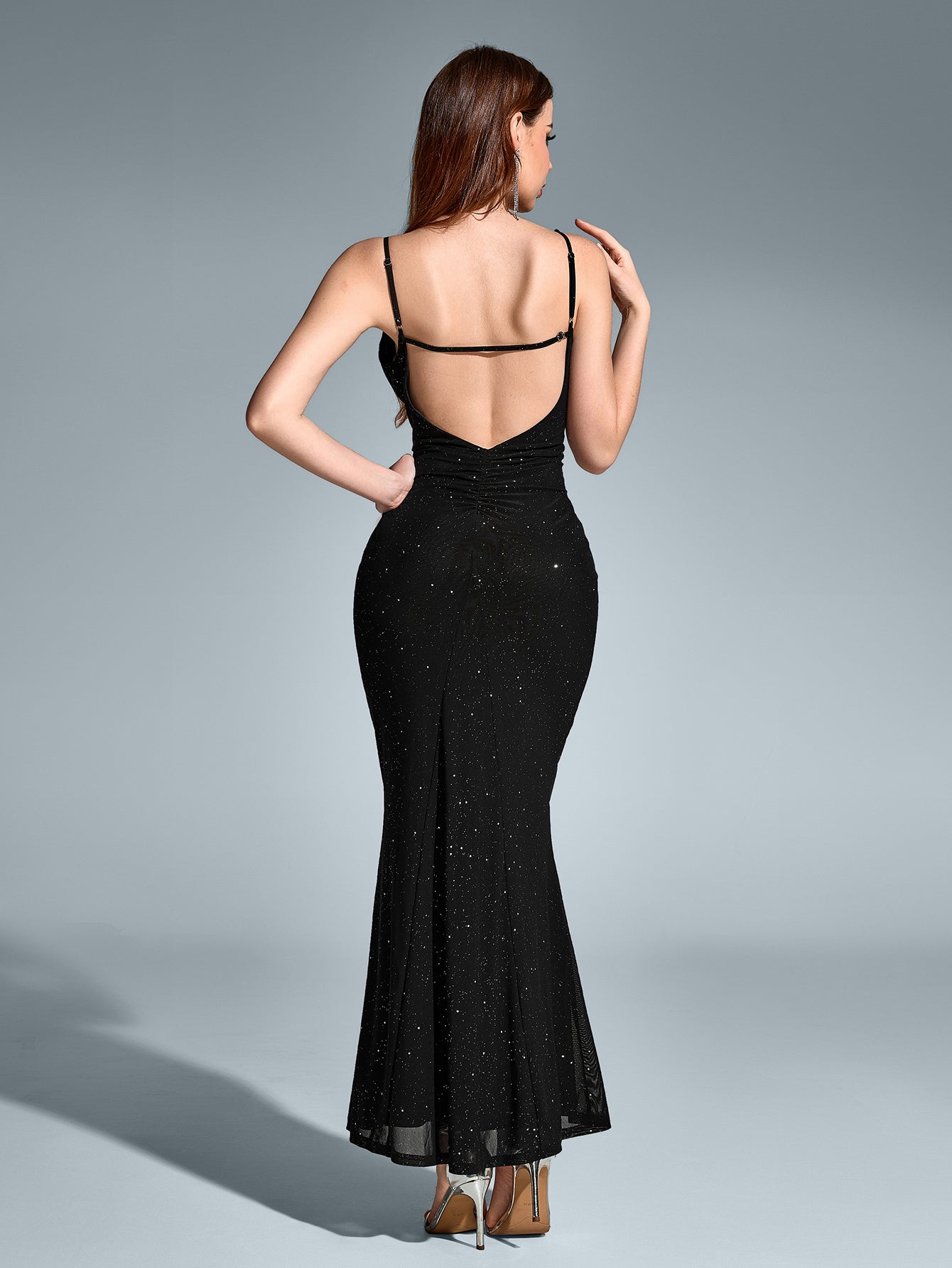 Deep V-neck Backless Mermaid Mesh Sequin Dress