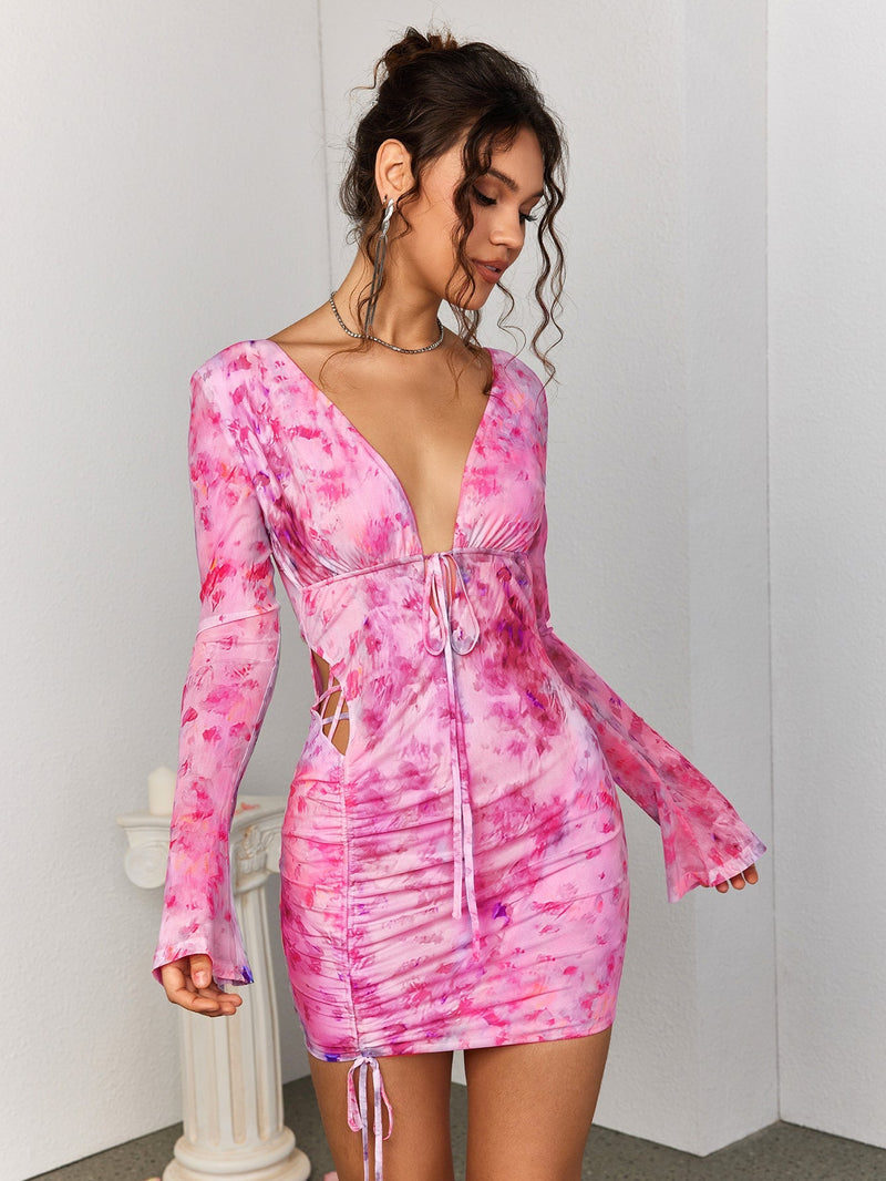 Deep V-neck Backless Tie Dress