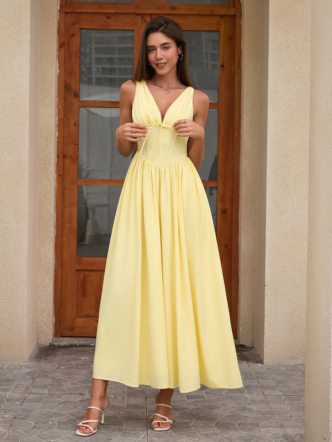 Deep V-neck Bow Tie Ruched Corset Dress With Pockets