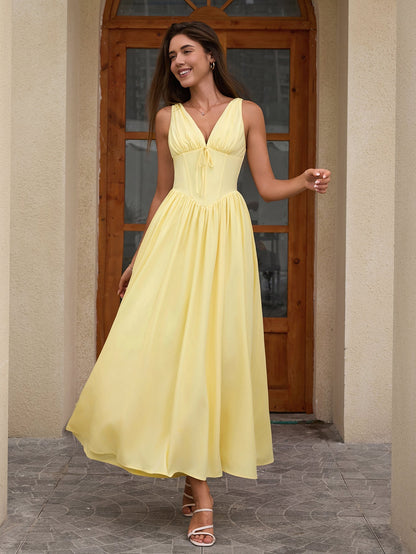 Deep V-neck Bow Tie Ruched Corset Dress With Pockets