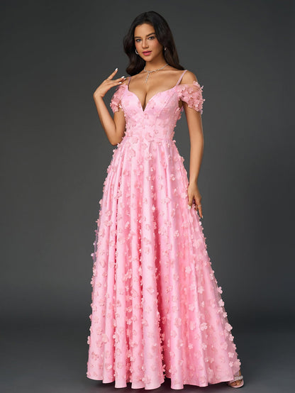 Deep V-neck Crisscross Back Applique Decoration Prom Dress