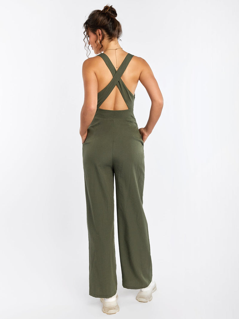 Deep V-neck Crisscross Back Pocket Jumpsuit