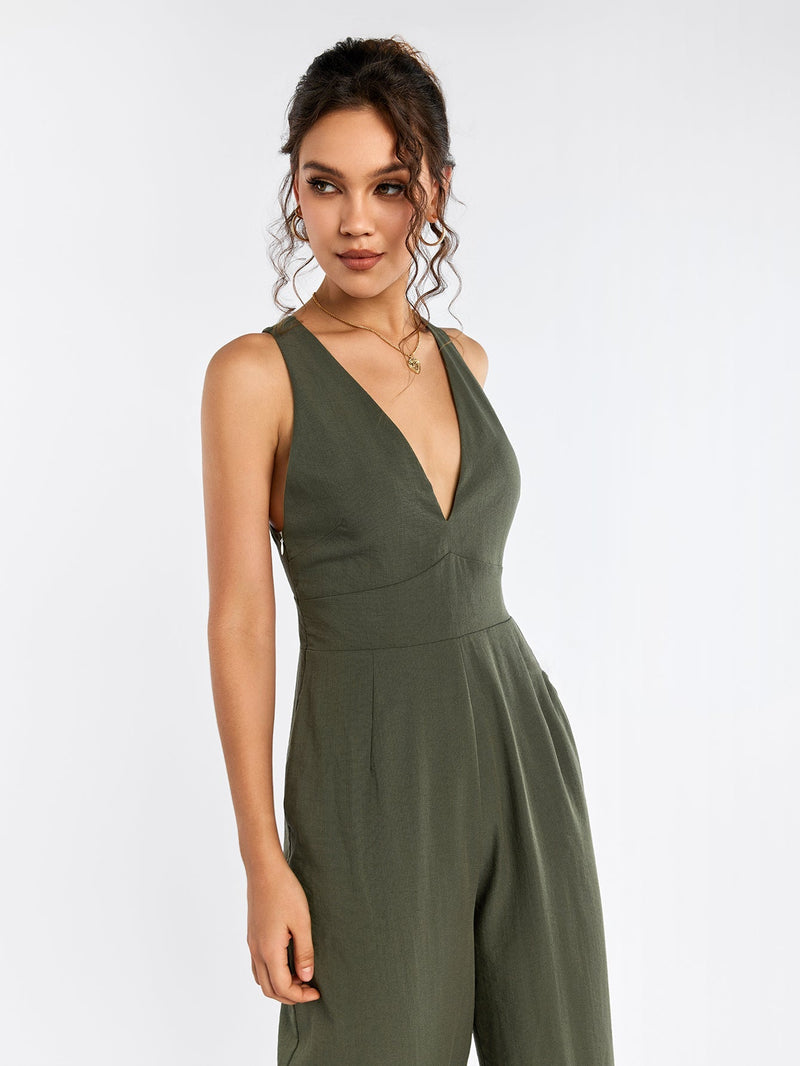 Deep V-neck Crisscross Back Pocket Jumpsuit