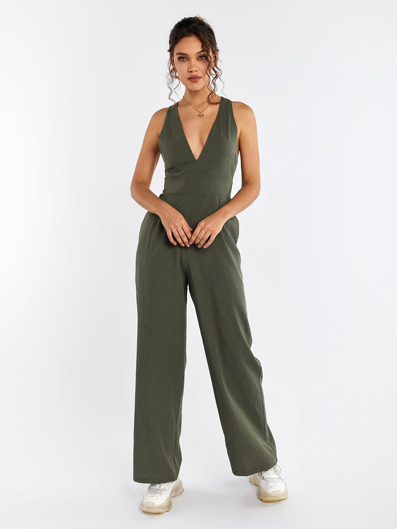 Deep V-neck Crisscross Back Pocket Jumpsuit