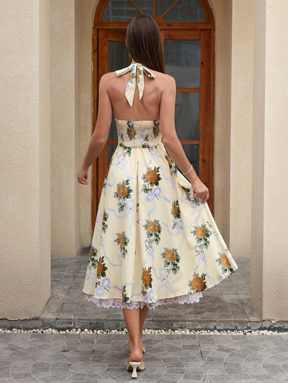 Deep V-neck Halter Lace Spliced Dress
