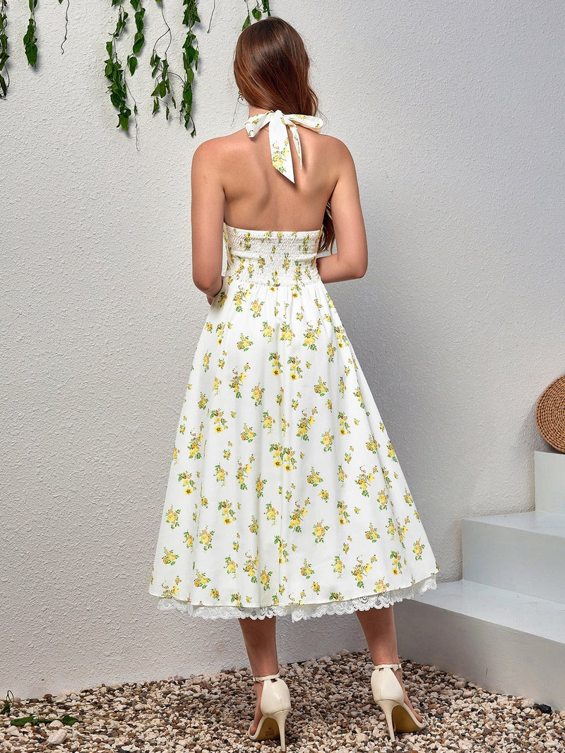 Deep V-neck Halter Lace Spliced Dress