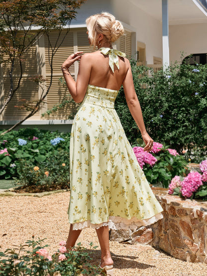 Deep V-neck Halter Lace Spliced Dress