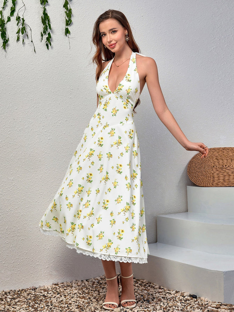 Deep V-neck Halter Lace Spliced Dress