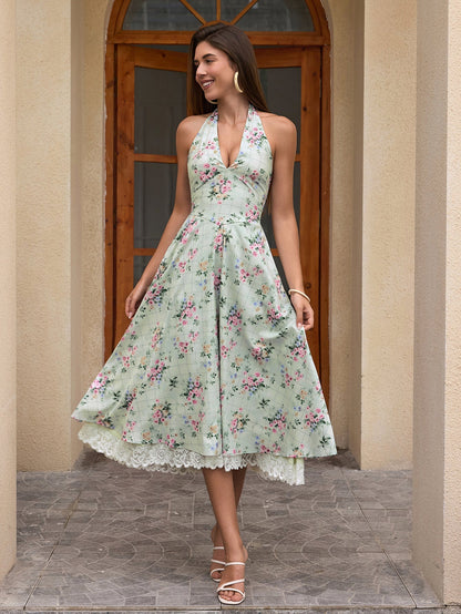Deep V-neck Halter Lace Spliced Dress