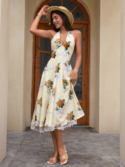 Deep V-neck Halter Lace Spliced Dress