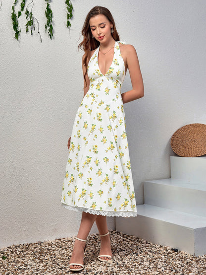 Deep V-neck Halter Lace Spliced Dress